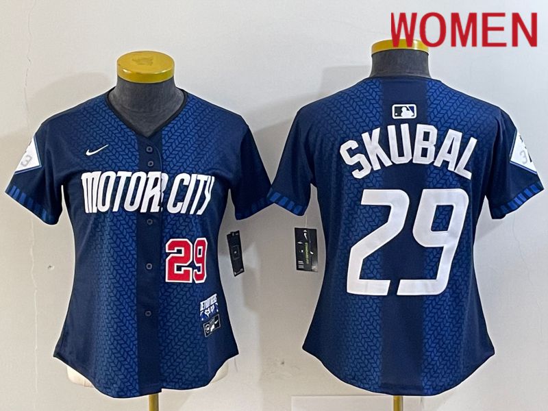 Women Detroit Tigers #29 Skubal Blue City Edition Nike 2024 MLB Jersey style 3->women mlb jersey->Women Jersey